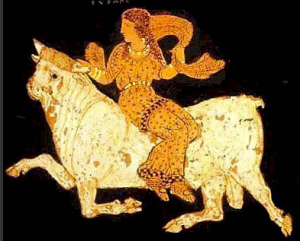 Detail from a 4th century Paestan Red-Figure vase: Europa and the Bull, Asteas, Paestan circa 340 BCE